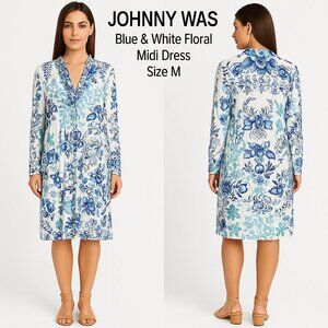 Johnny Was Blue & White Floral Long Sleeve Midi Dress Size M